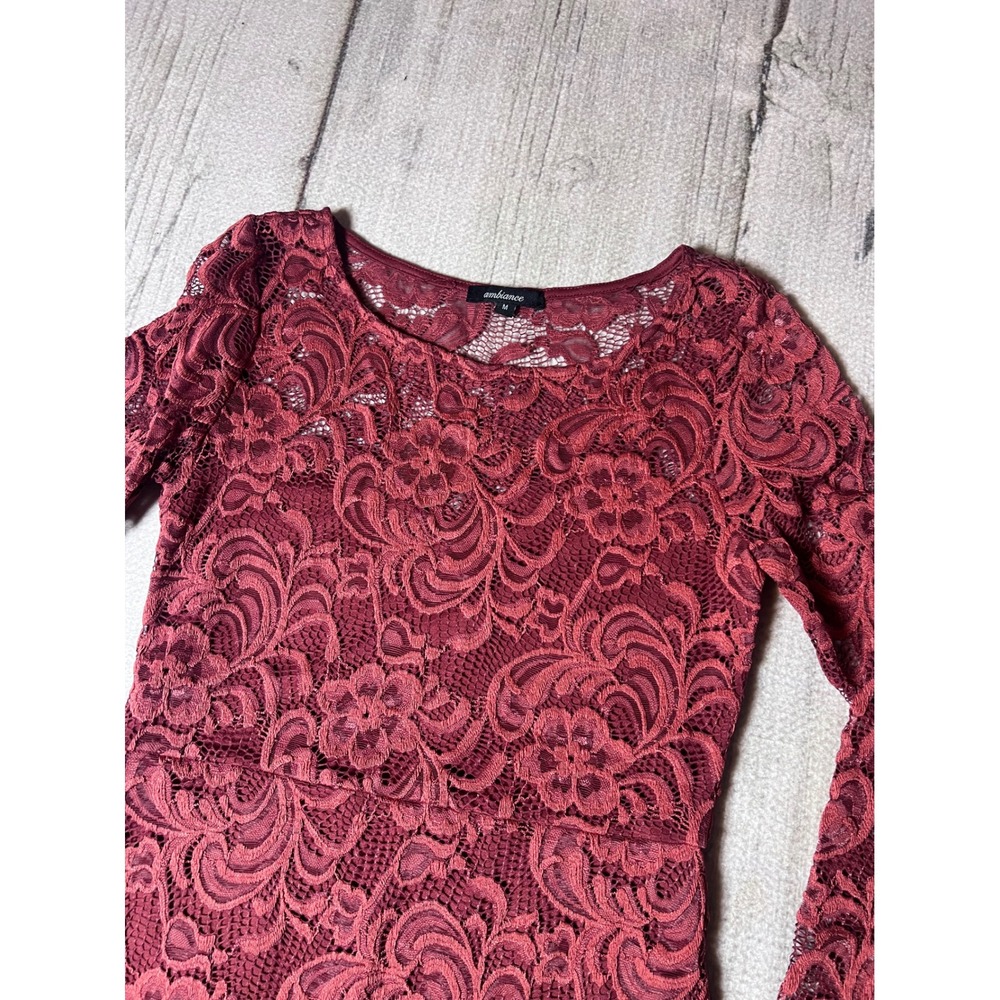 Ambiance Burgundy Floral Lace Long Sleeve Bodycon Sheath Dress 69148 Womens M - Picture 2 of 6